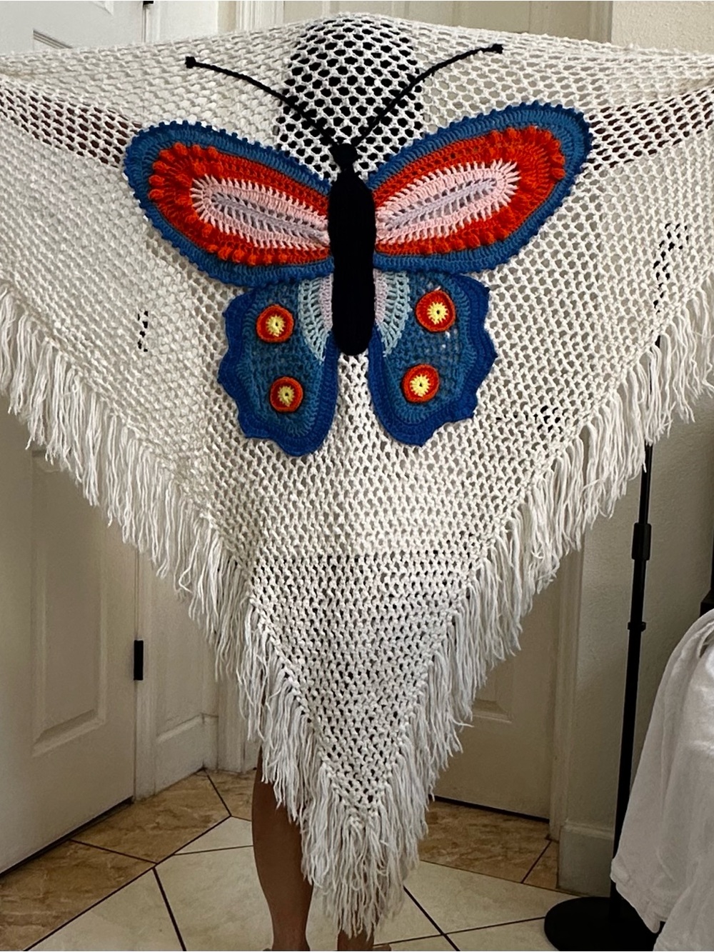 Handmade Crochet Butterfly Shawl - White with Multicolor Butterfly